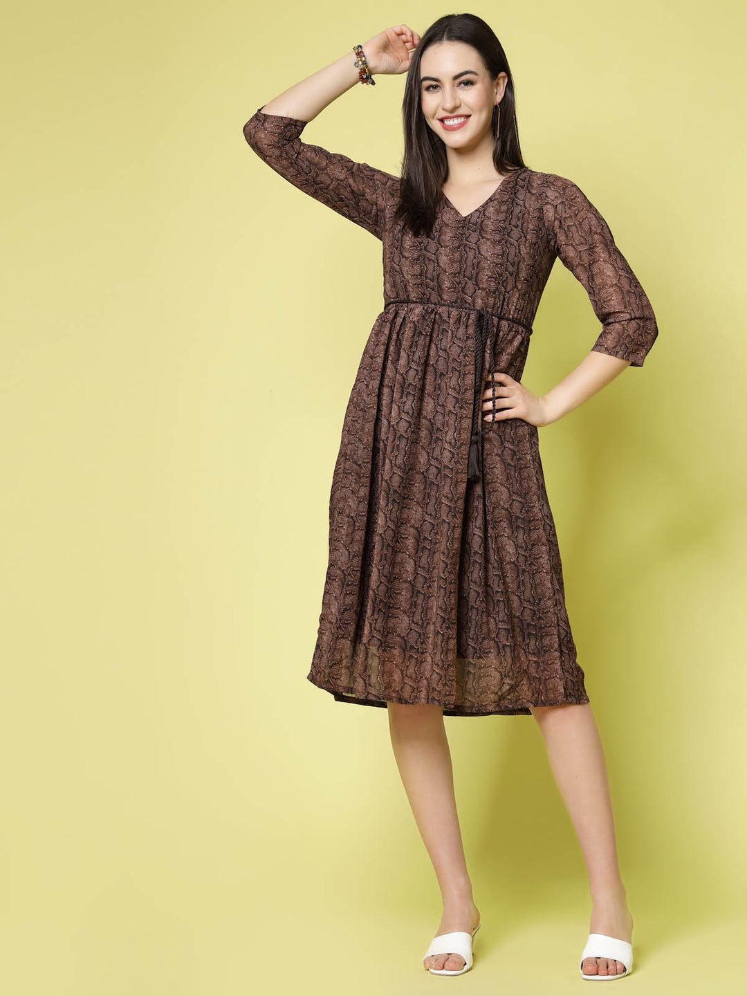 Brown Floral Print V-Neck Fit  Flare Polyester Dress