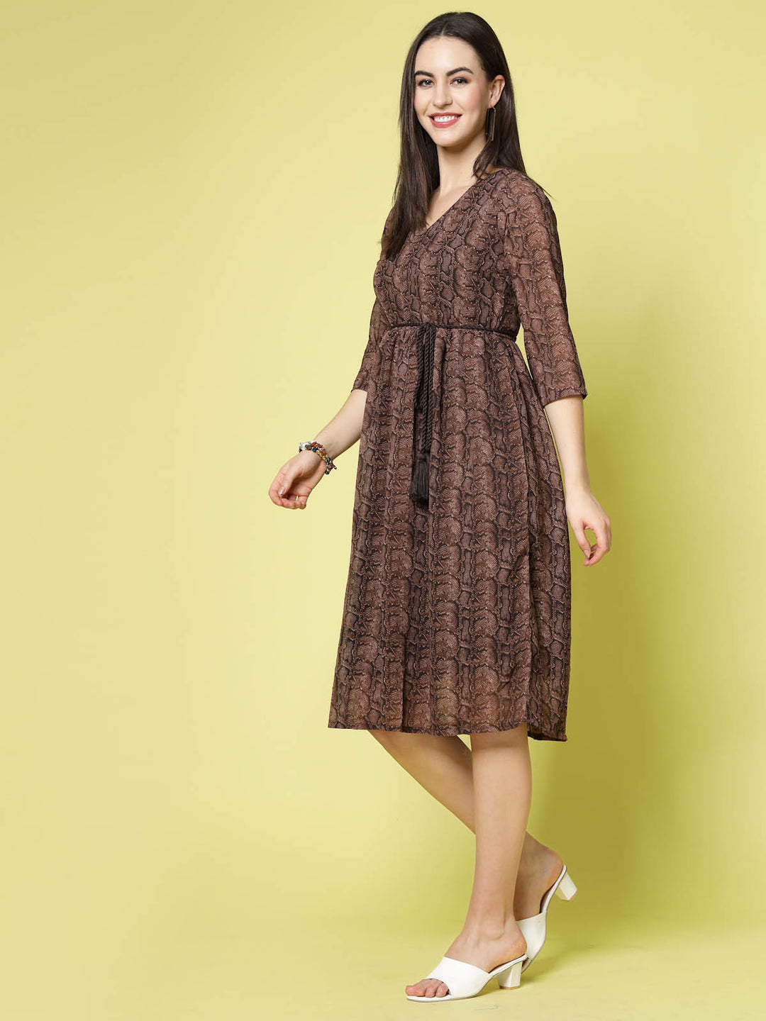 Brown Floral Print V-Neck Fit  Flare Polyester Dress