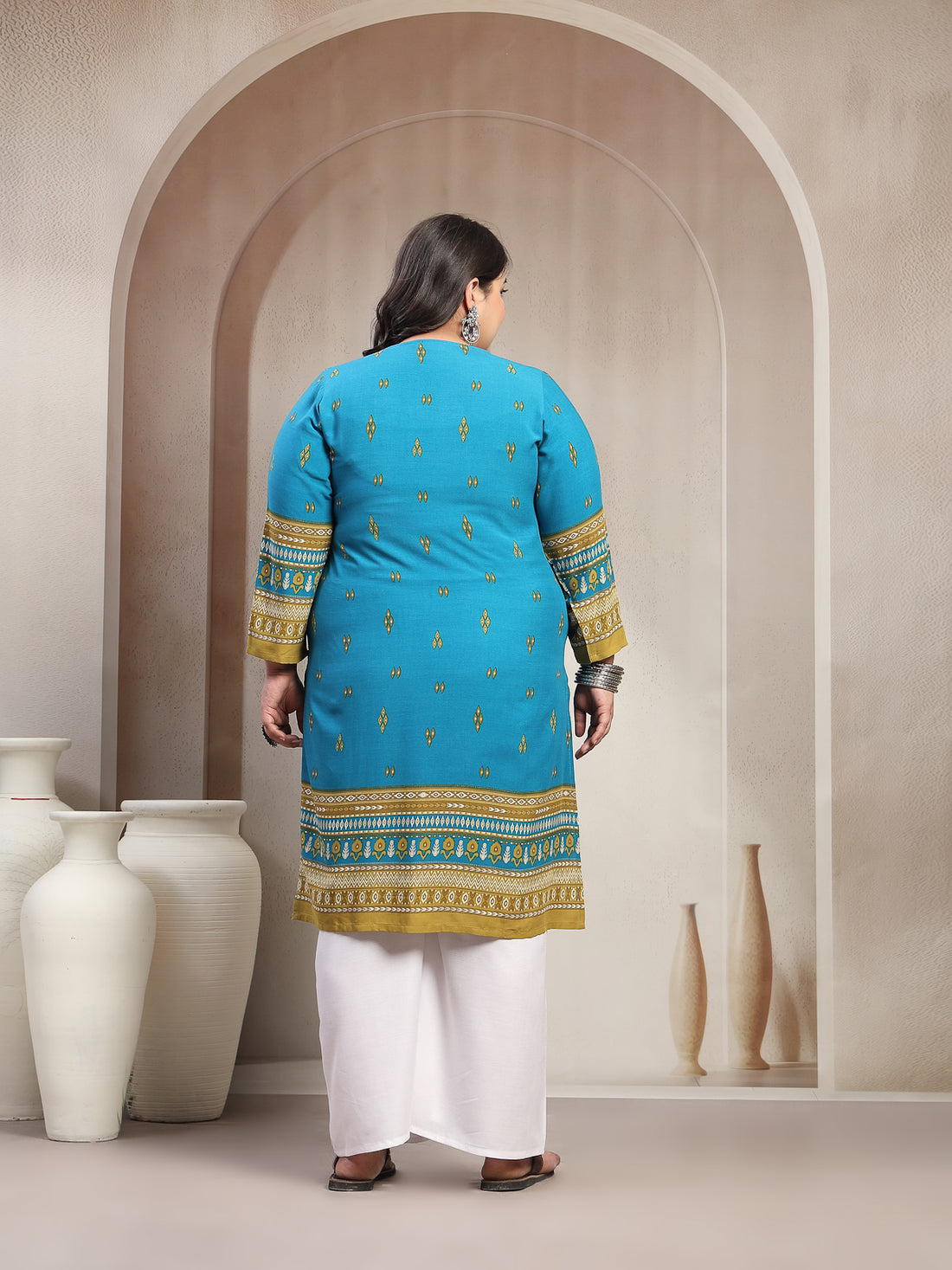 Plus Size Blue Floral Printed Viscose Rayon Kurta