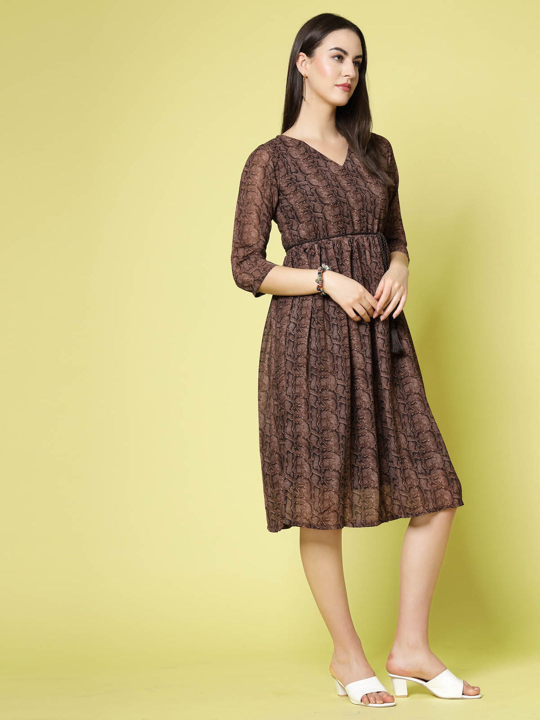 Brown Floral Print V-Neck Fit  Flare Polyester Dress