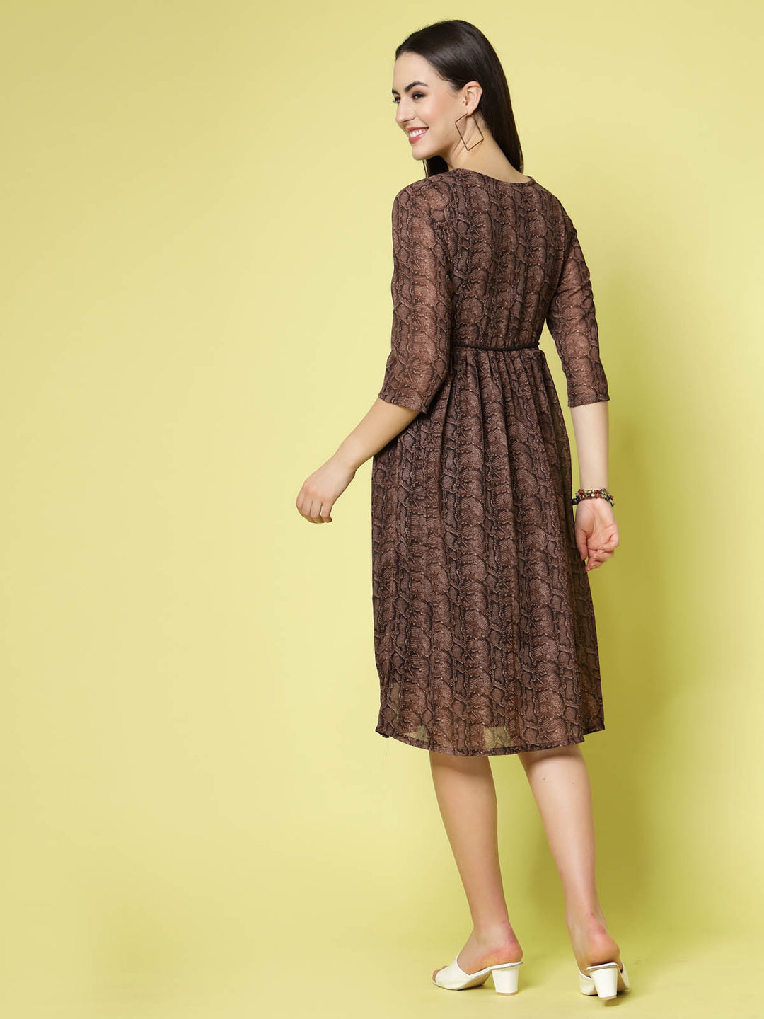 Brown Floral Print V-Neck Fit  Flare Polyester Dress