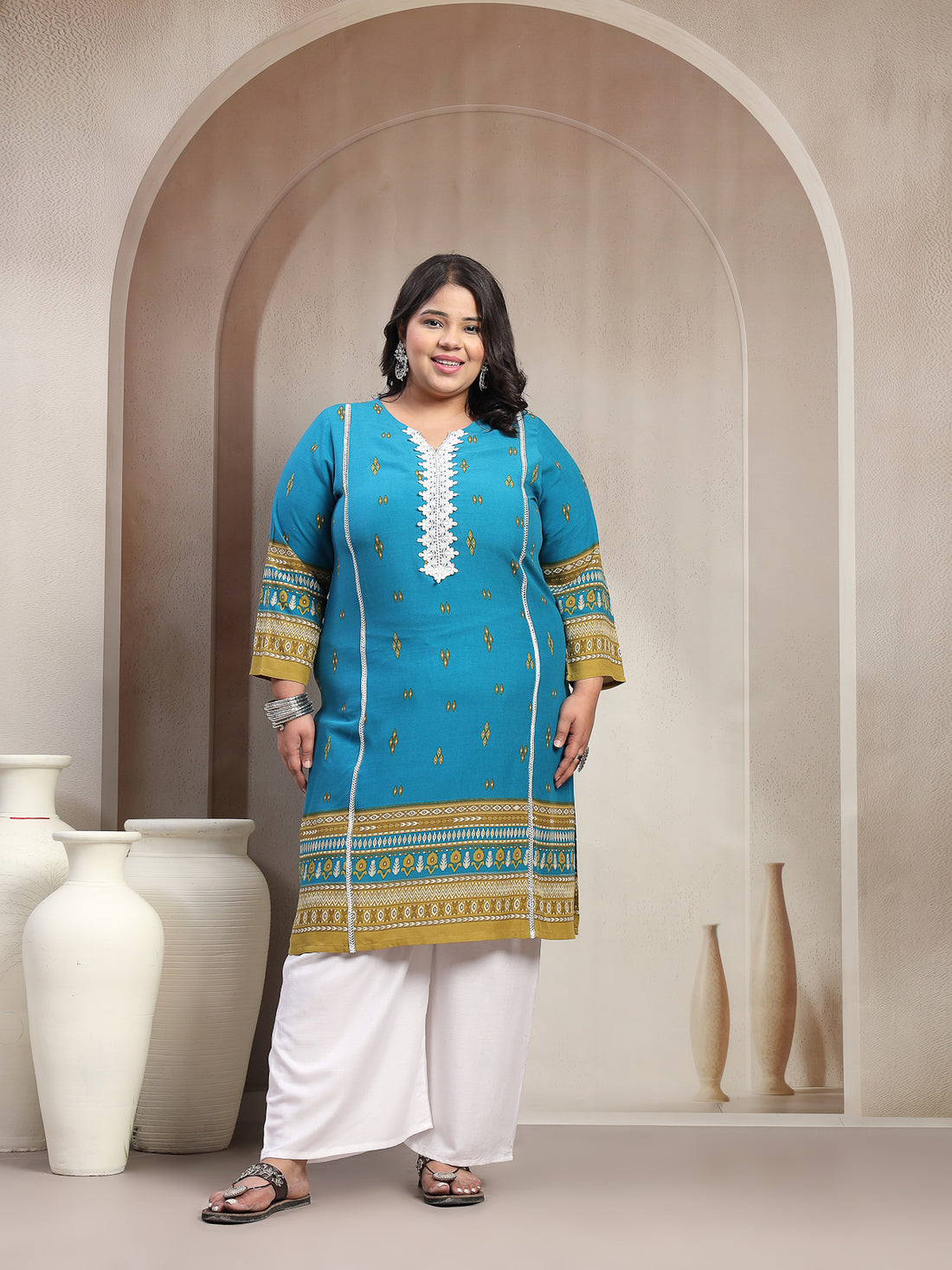 Plus Size Blue Floral Printed Viscose Rayon Kurta