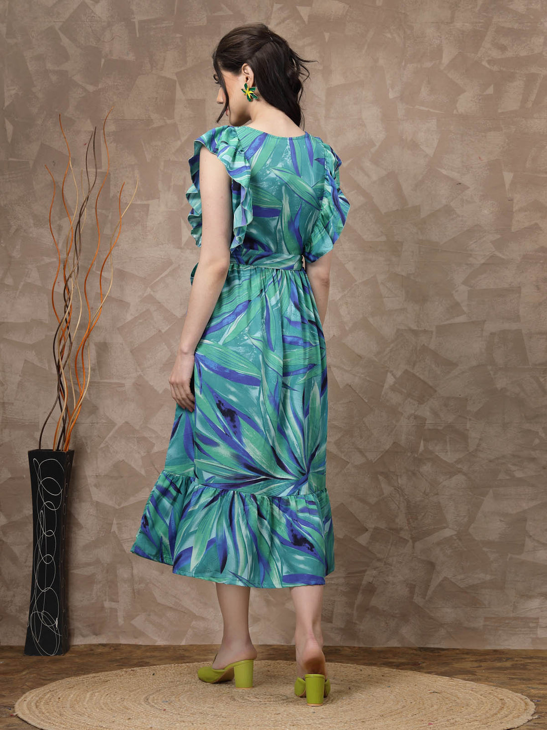 Green Abstract Printed Gathered A-Line Midi Dress