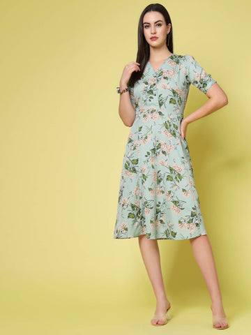 Sea Green Floral Print V-Neck Puff Sleeve Fit  Flare Dress