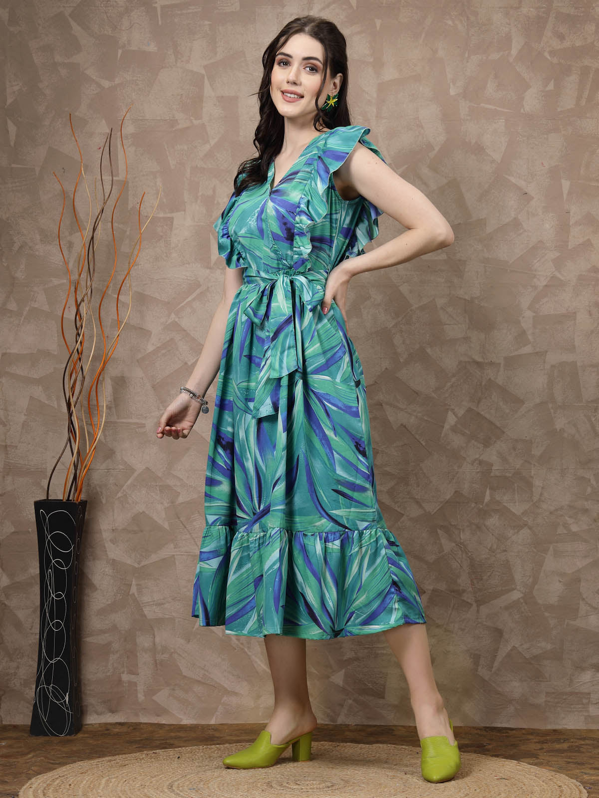 Green Abstract Printed Gathered A-Line Midi Dress