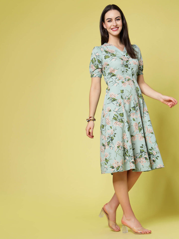 Sea Green Floral Print V-Neck Puff Sleeve Fit  Flare Dress