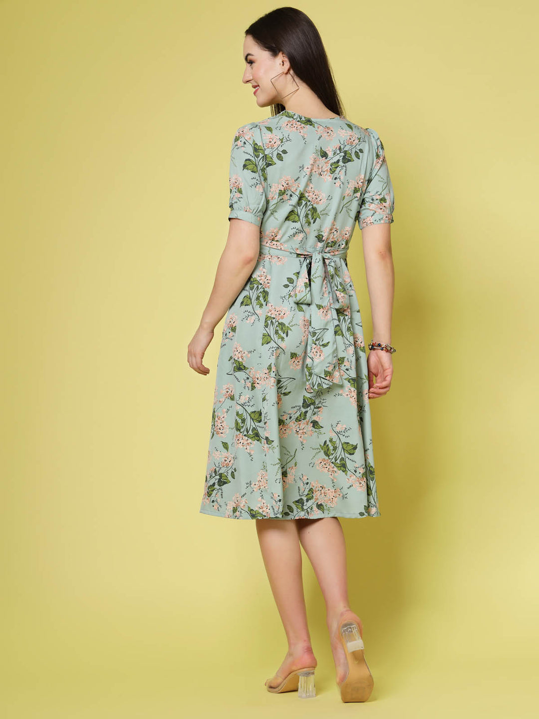 Sea Green Floral Print V-Neck Puff Sleeve Fit  Flare Dress