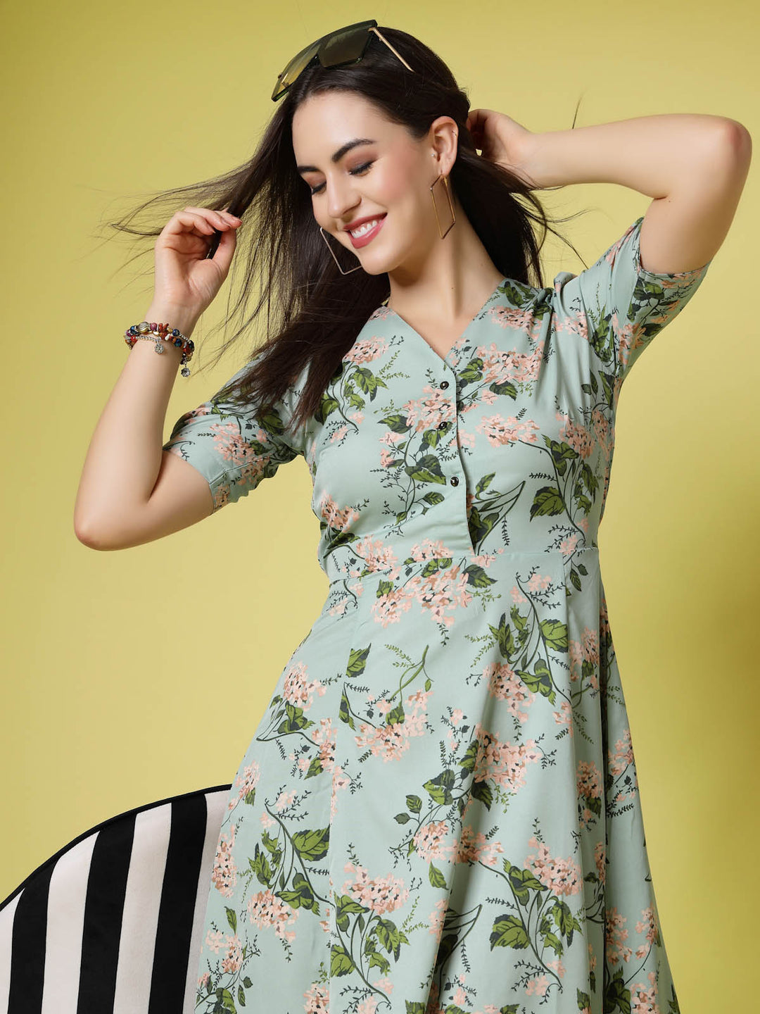 Sea Green Floral Print V-Neck Puff Sleeve Fit  Flare Dress