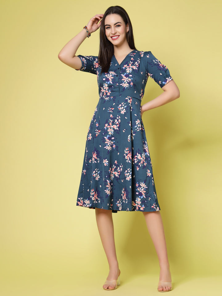 Navy Blue Floral Print Fit  Flare Dress