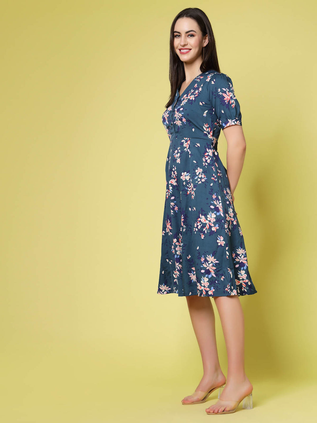 Navy Blue Floral Print Fit  Flare Dress