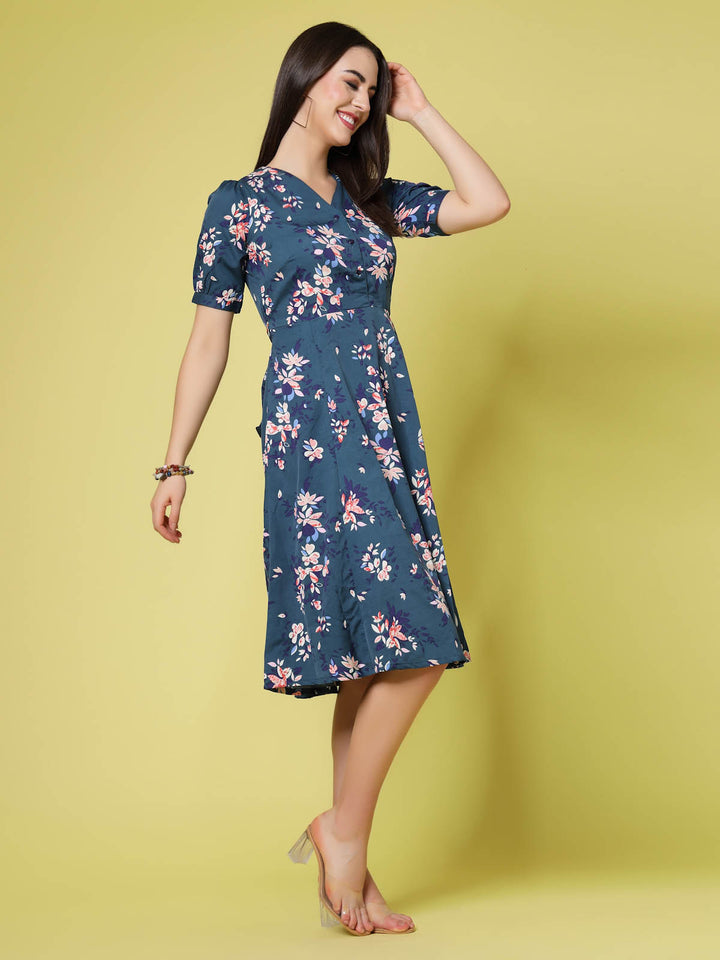 Navy Blue Floral Print Fit  Flare Dress