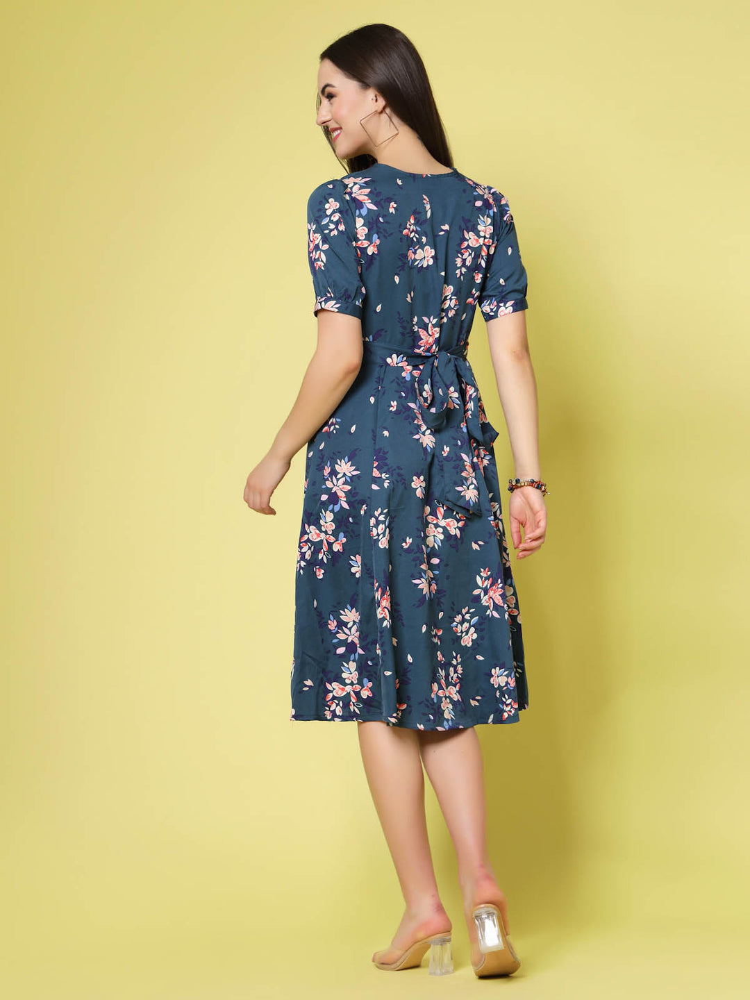 Navy Blue Floral Print Fit  Flare Dress