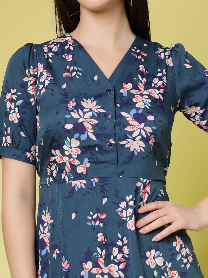 Navy Blue Floral Print Fit  Flare Dress