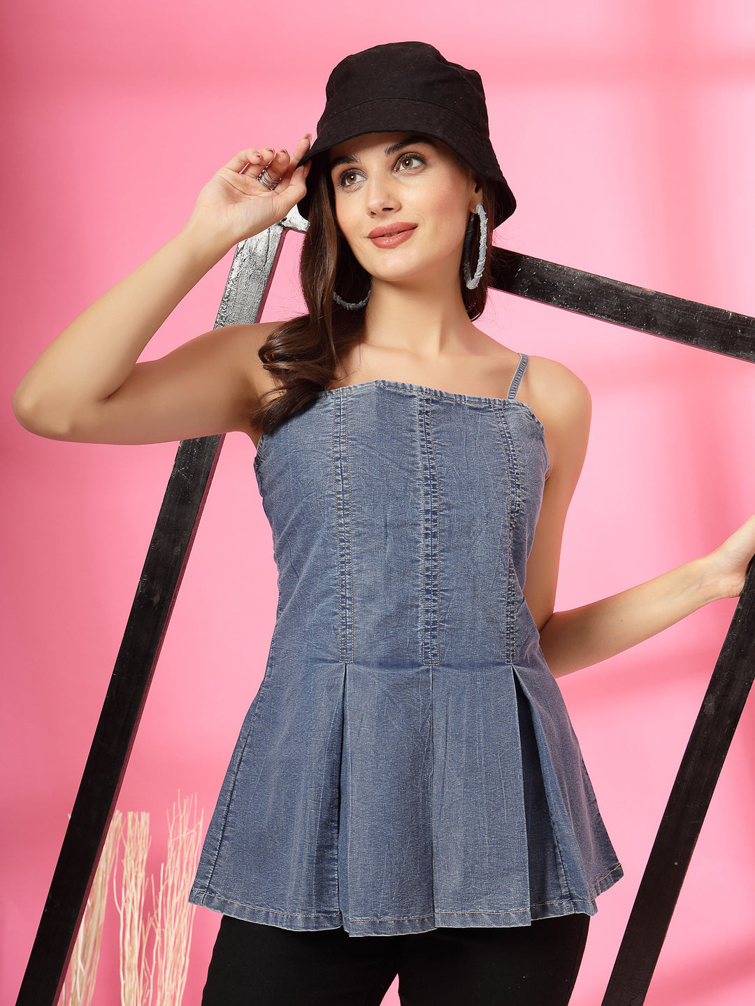 Women Shoulder Straps Denim Cotton A-Line Top