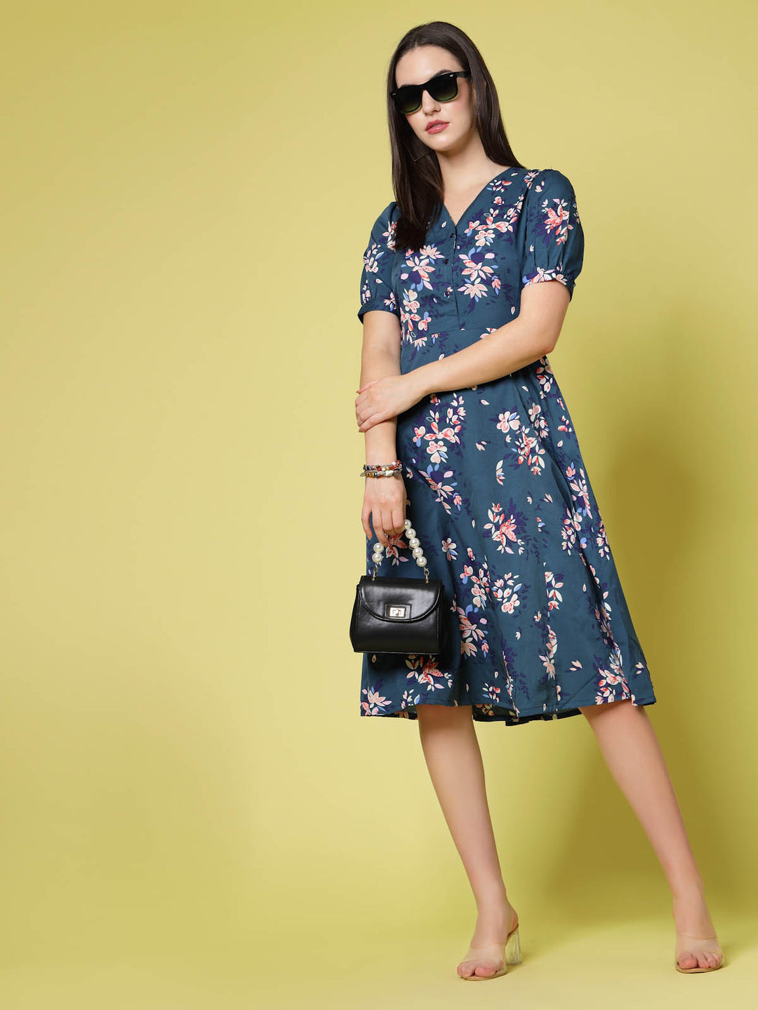 Navy Blue Floral Print Fit  Flare Dress