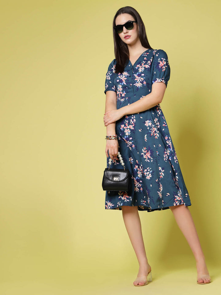 Navy Blue Floral Print Fit  Flare Dress