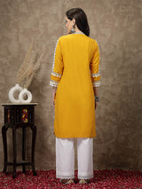 Mustard Yellow Floral Embroidered Thread Work Cotton Straight Kurta