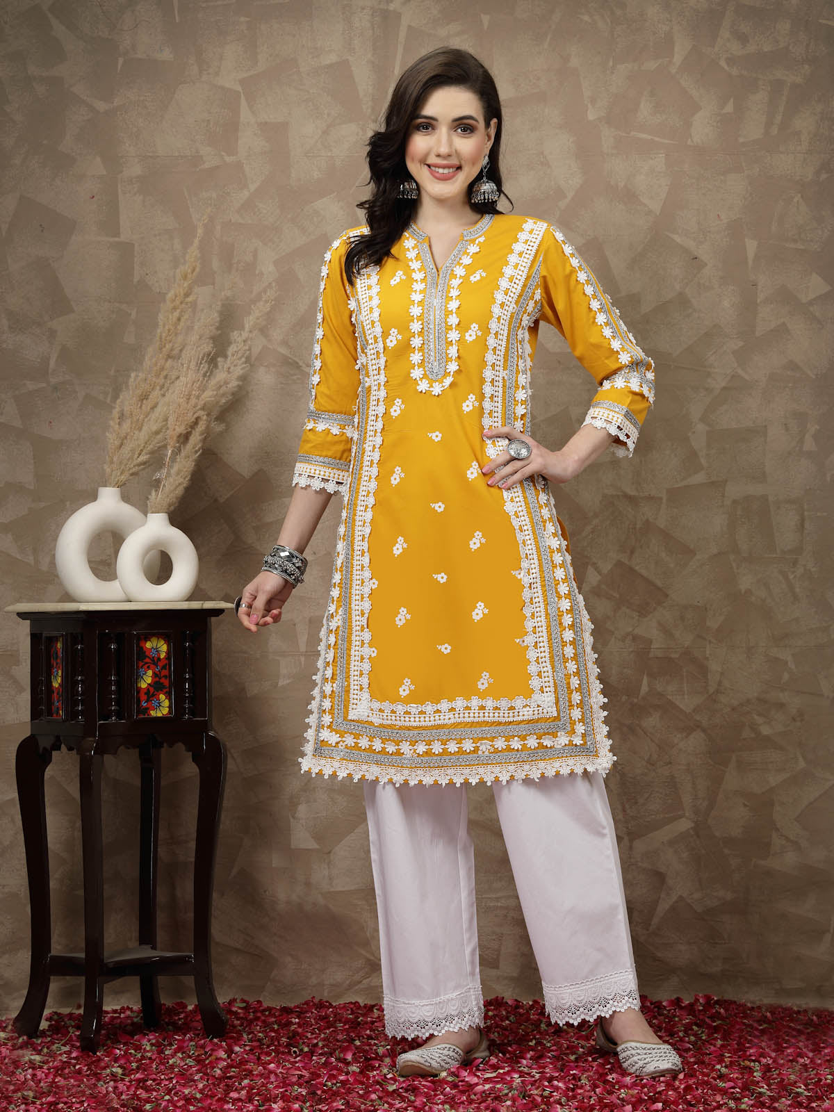 Mustard Yellow Floral Embroidered Thread Work Cotton Straight Kurta