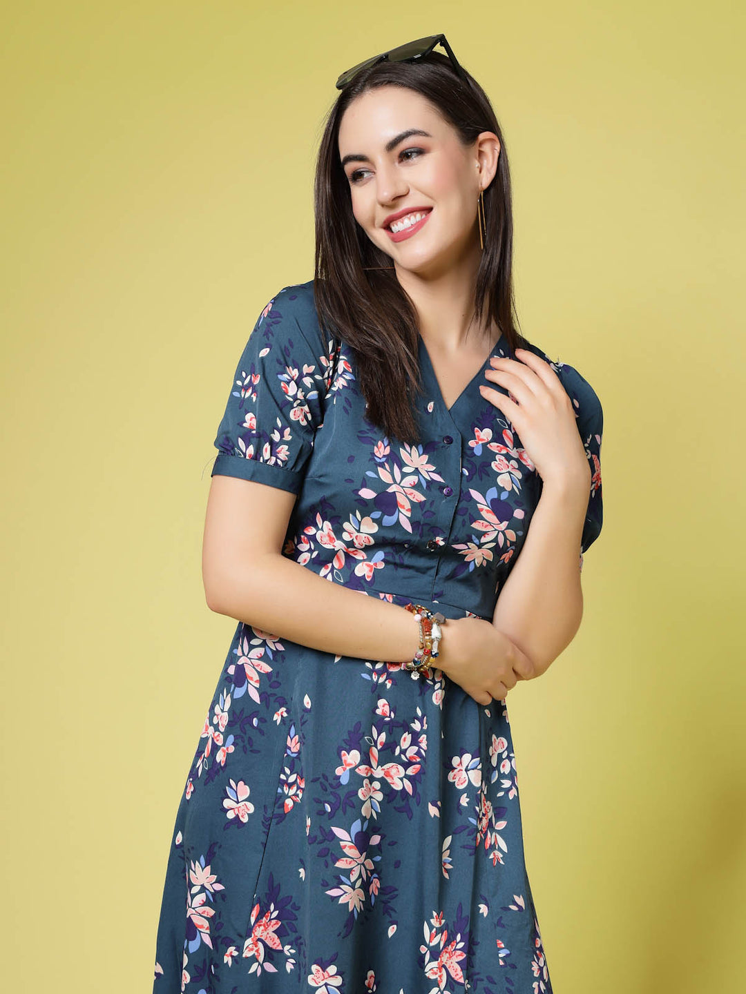 Navy Blue Floral Print Fit  Flare Dress