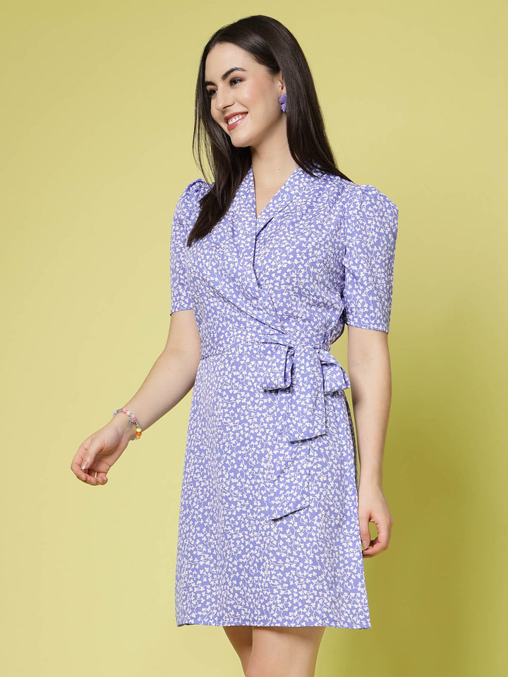 Lavender Floral Printed Shirt Collar Warp Dress