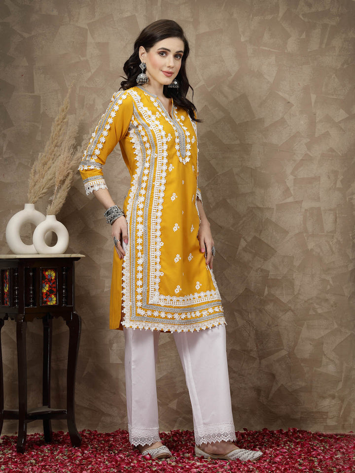 Mustard Yellow Floral Embroidered Thread Work Cotton Straight Kurta