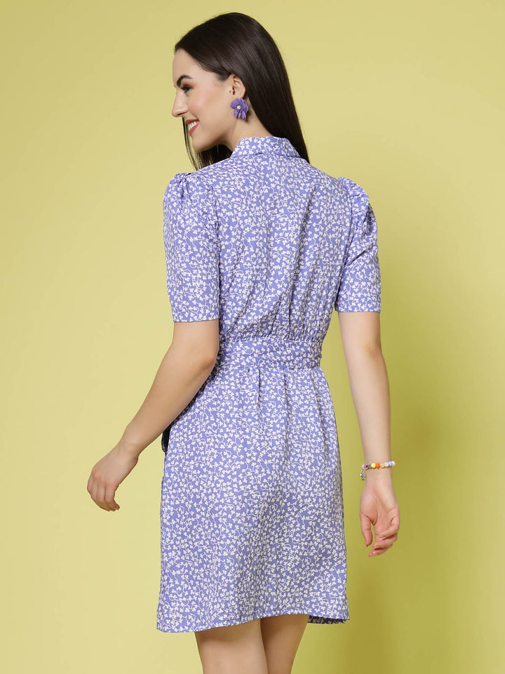 Lavender Floral Printed Shirt Collar Warp Dress