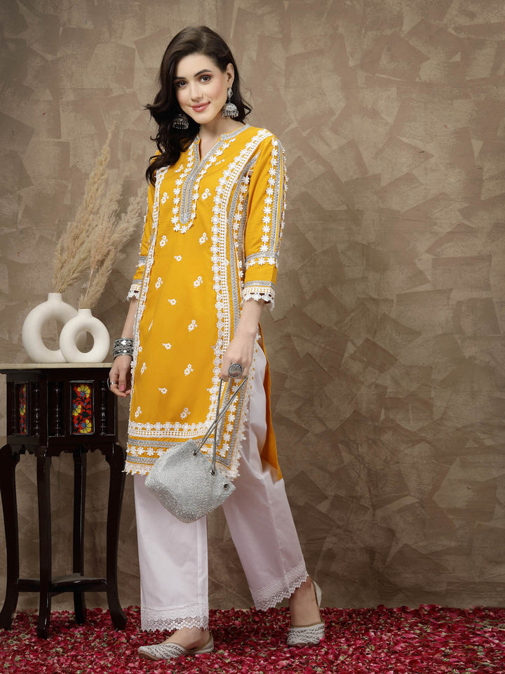 Mustard Yellow Floral Embroidered Thread Work Cotton Straight Kurta