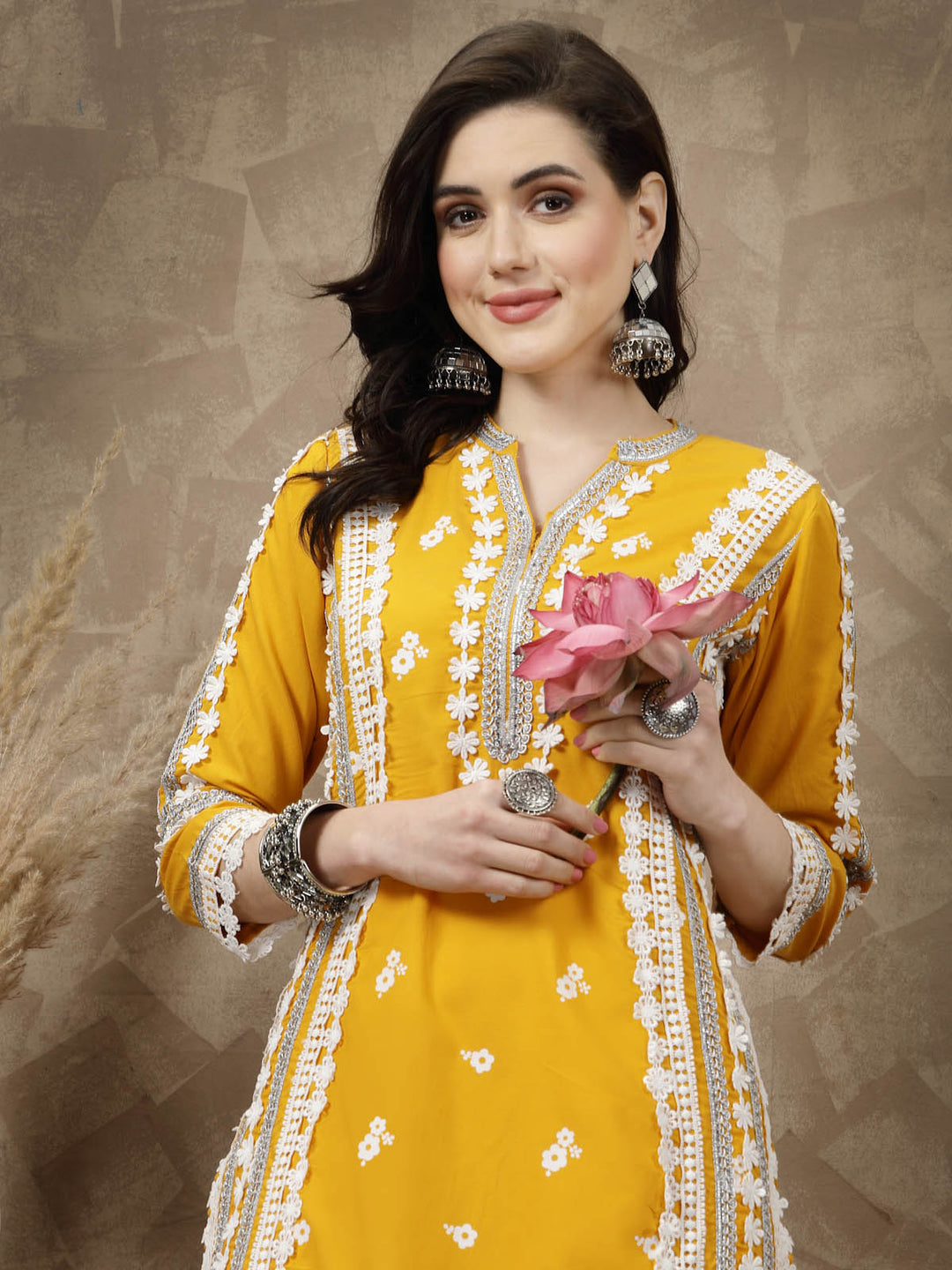 Mustard Yellow Floral Embroidered Thread Work Cotton Straight Kurta