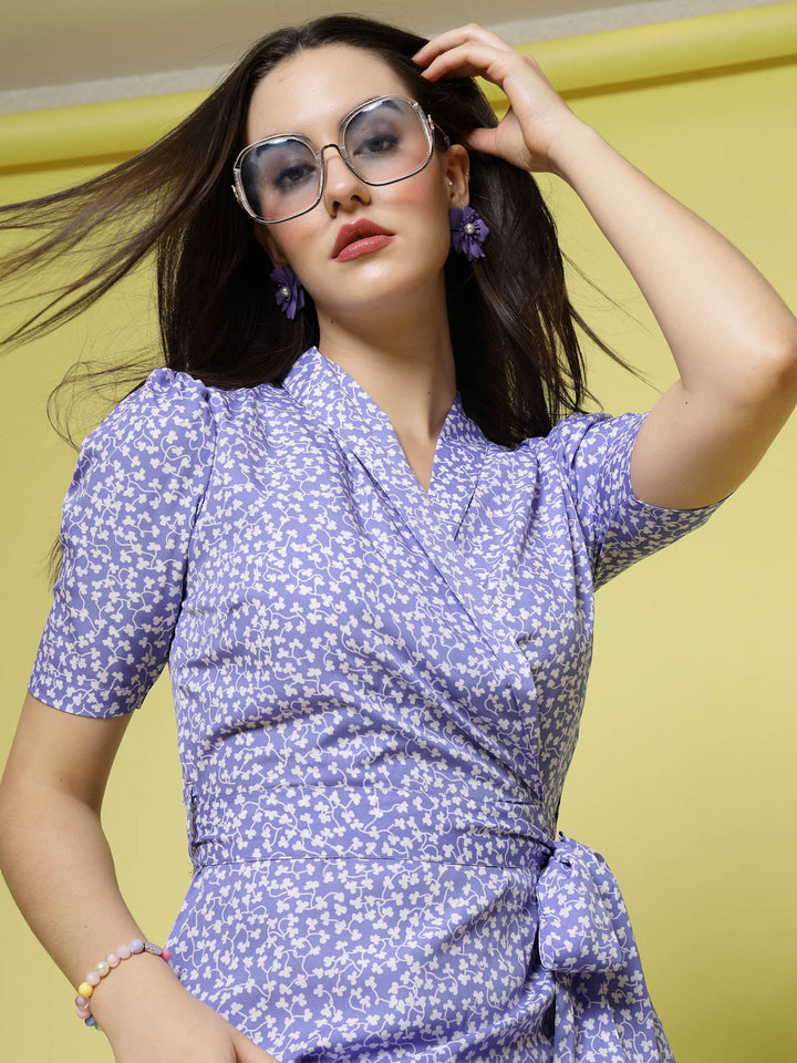 Lavender Floral Printed Shirt Collar Warp Dress