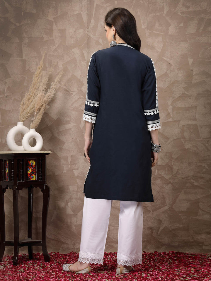 Navy Blue & White Ethnic Motifs Embroidered Thread Work Cotton Kurta