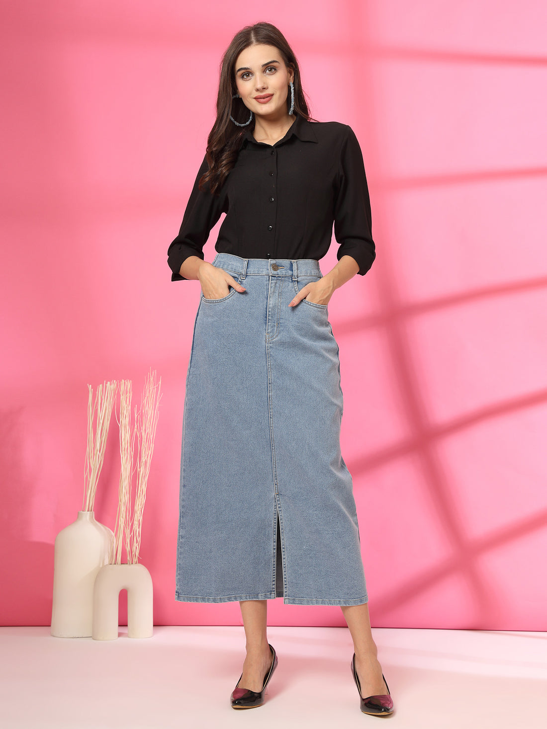 Women Denim A-Line Midi Skirt