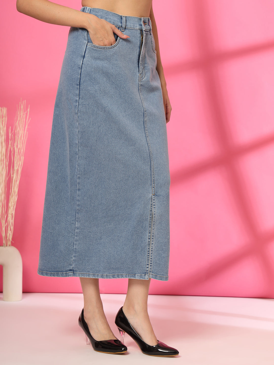 Women Denim A-Line Midi Skirt