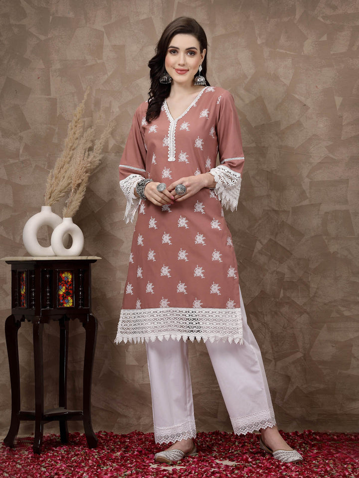 Pink Ethnic Motifs Printed Flared Sleeves Cotton A-Line Kurta