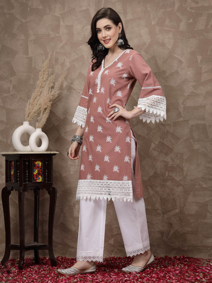 Pink Ethnic Motifs Printed Flared Sleeves Cotton A-Line Kurta