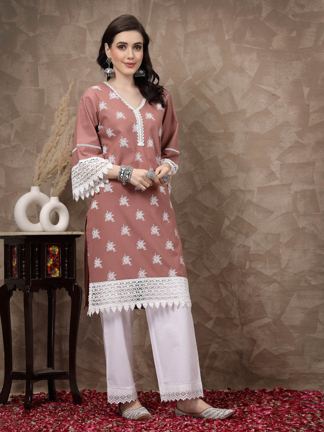 Pink Ethnic Motifs Printed Flared Sleeves Cotton A-Line Kurta