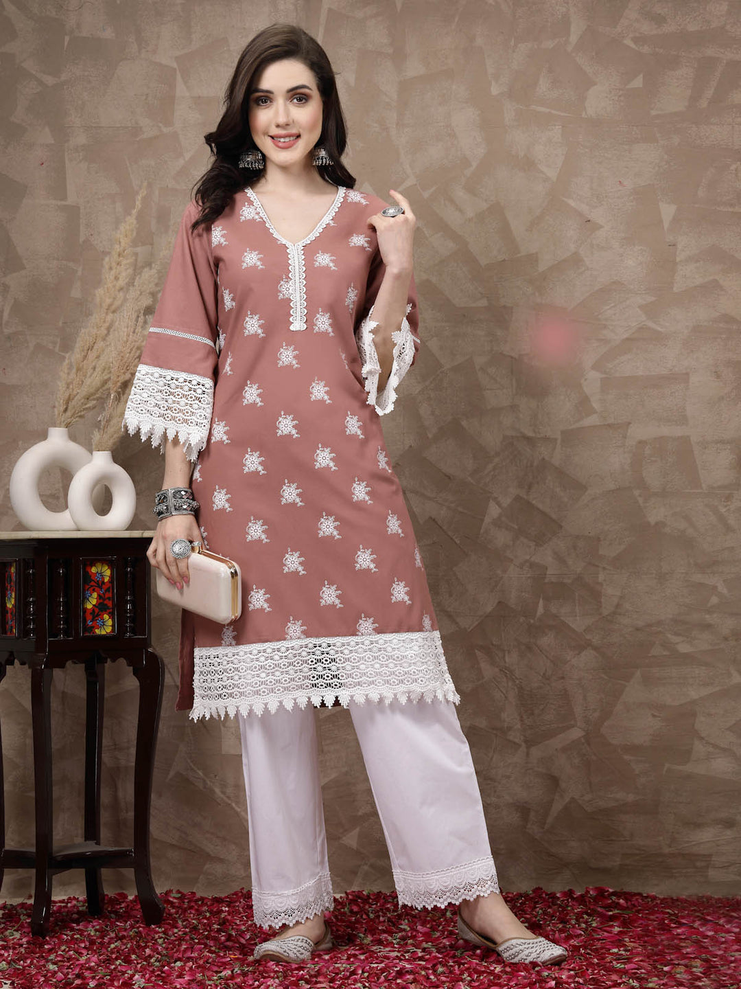 Pink Ethnic Motifs Printed Flared Sleeves Cotton A-Line Kurta