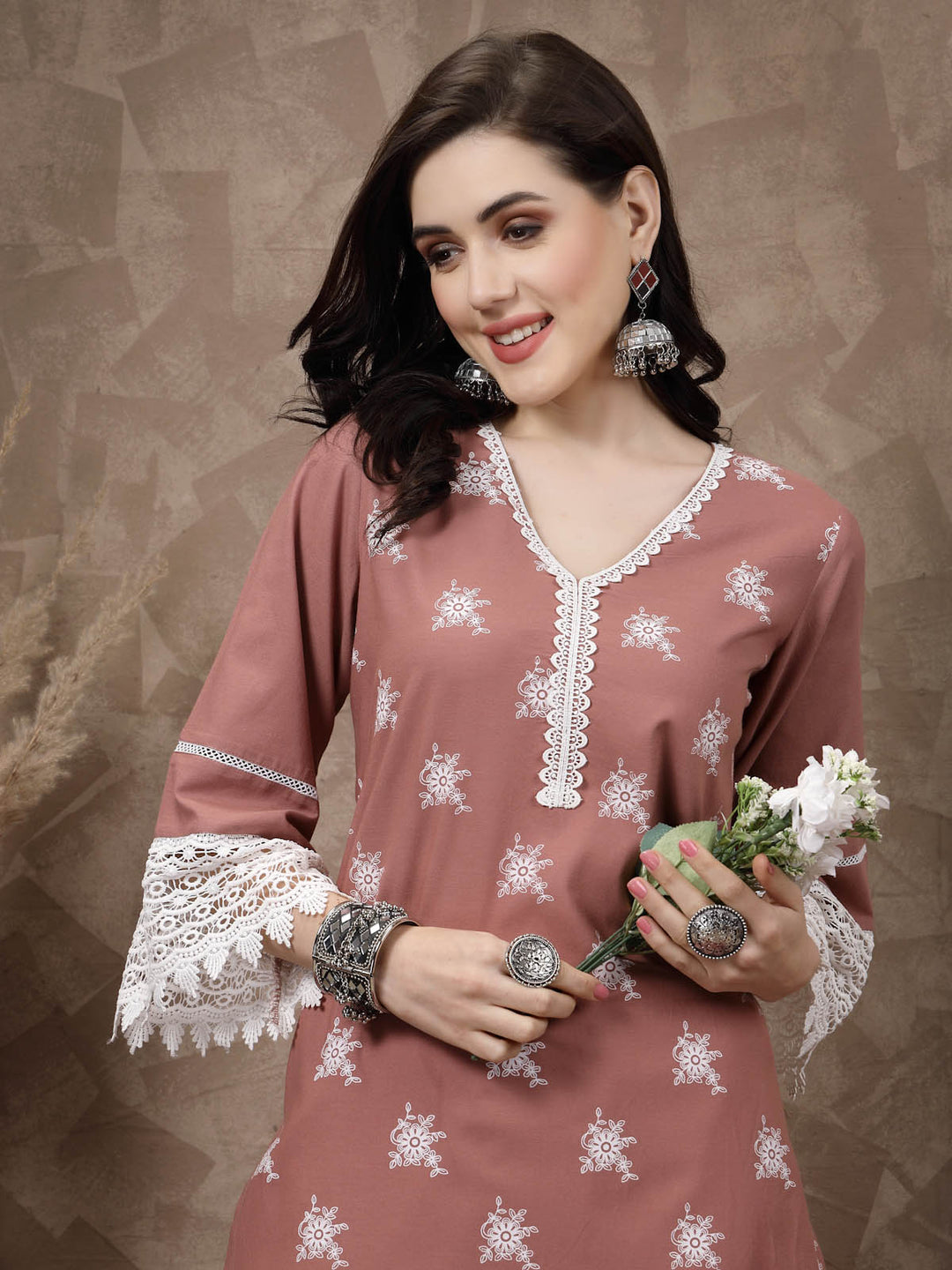 Pink Ethnic Motifs Printed Flared Sleeves Cotton A-Line Kurta