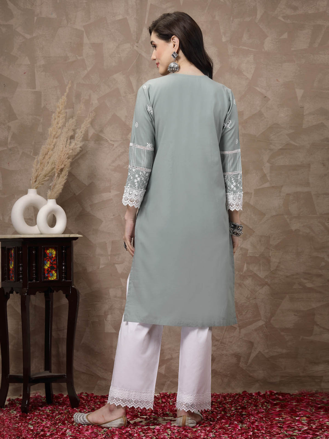 Sea Green  White Ethnic Motifs Printed Pure Cotton A Line Kurta