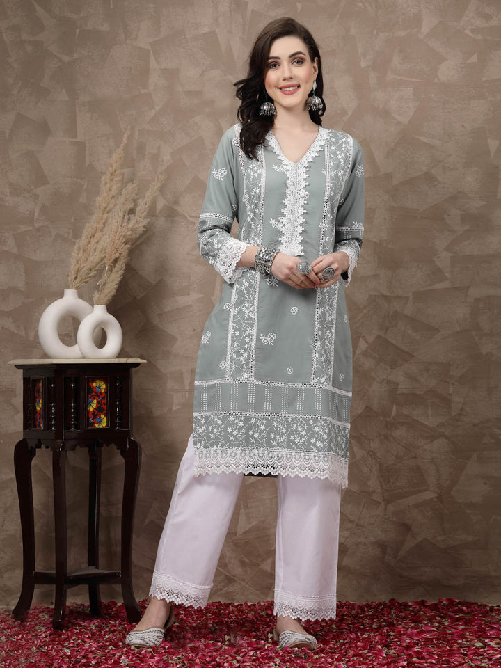 Sea Green  White Ethnic Motifs Printed Pure Cotton A Line Kurta