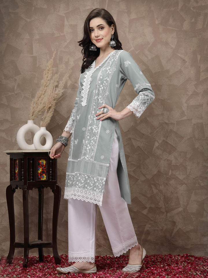 Sea Green  White Ethnic Motifs Printed Pure Cotton A Line Kurta