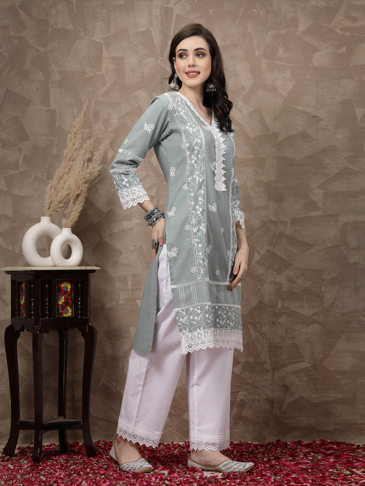 Sea Green  White Ethnic Motifs Printed Pure Cotton A Line Kurta