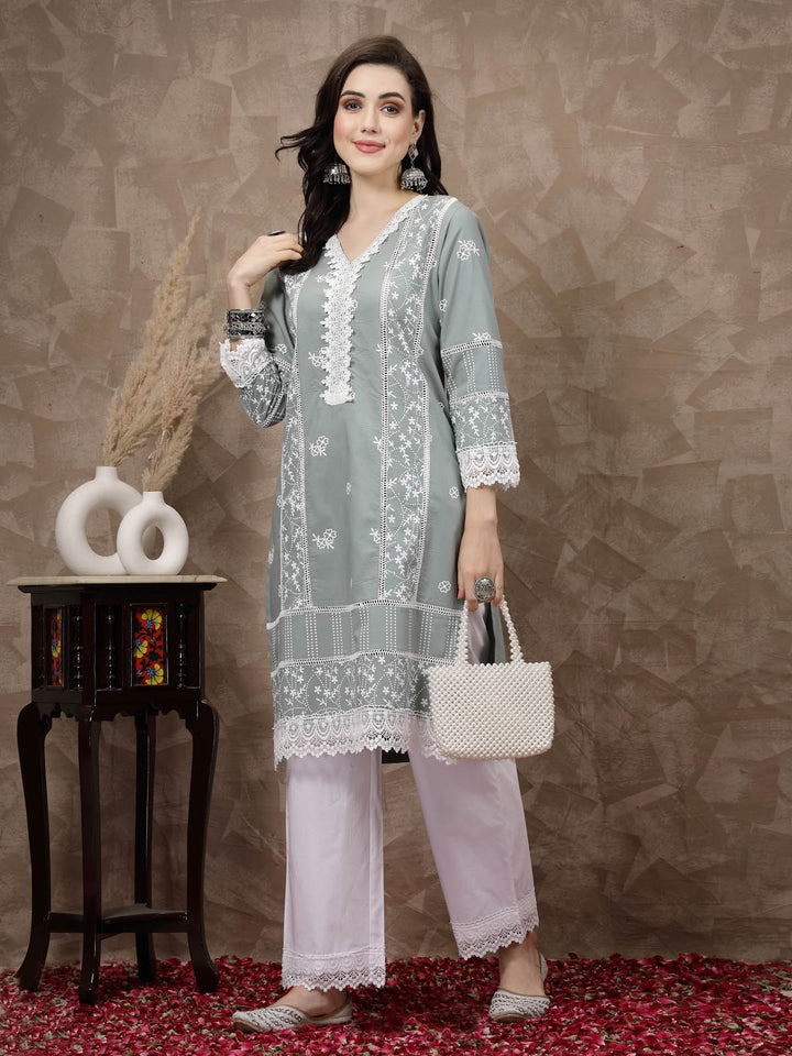 Sea Green  White Ethnic Motifs Printed Pure Cotton A Line Kurta