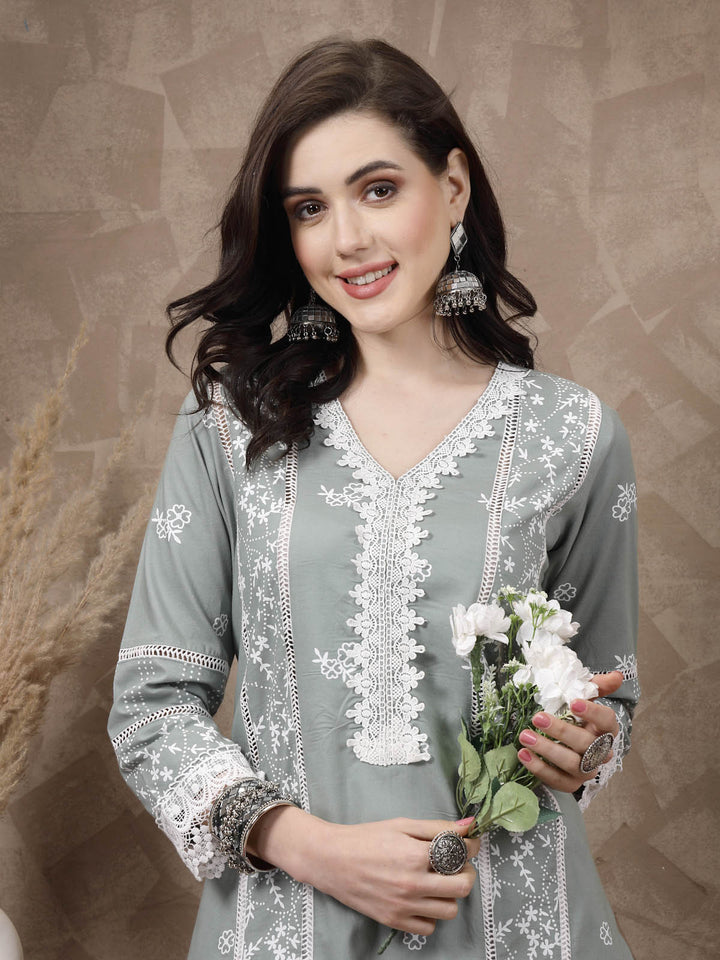 Sea Green  White Ethnic Motifs Printed Pure Cotton A Line Kurta