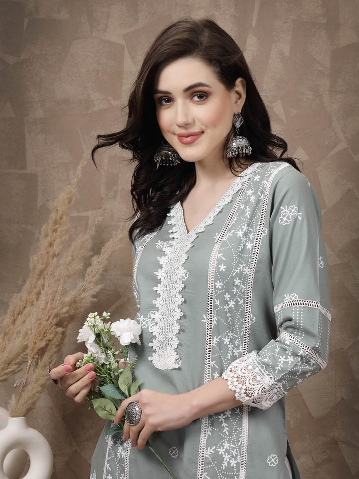 Sea Green  White Ethnic Motifs Printed Pure Cotton A Line Kurta