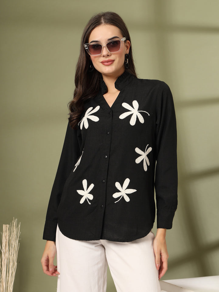 Women Collarless Floral Printed Cotton Formal Shirt