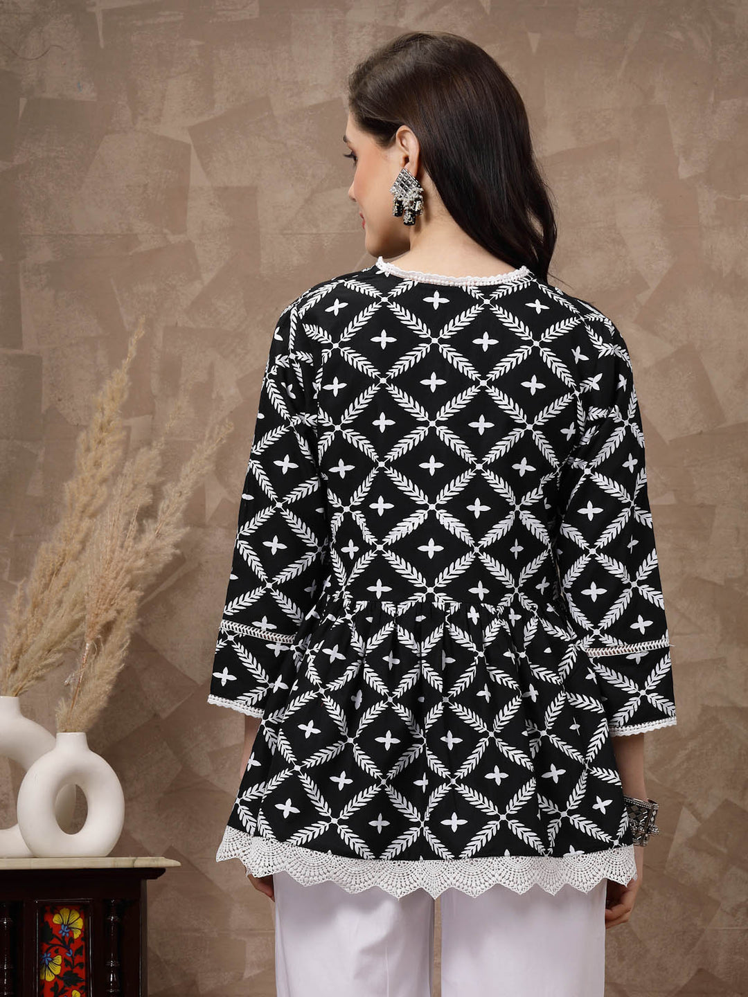 Black Ethnic Motifs Embroidered Thread Work Pure Cotton A-Line Kurti