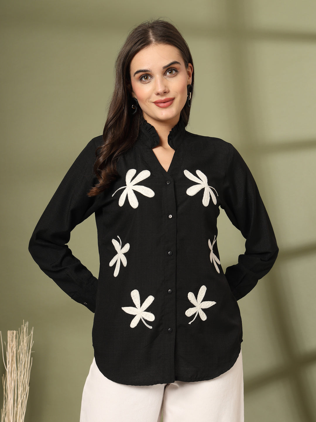 Women Collarless Floral Printed Cotton Formal Shirt