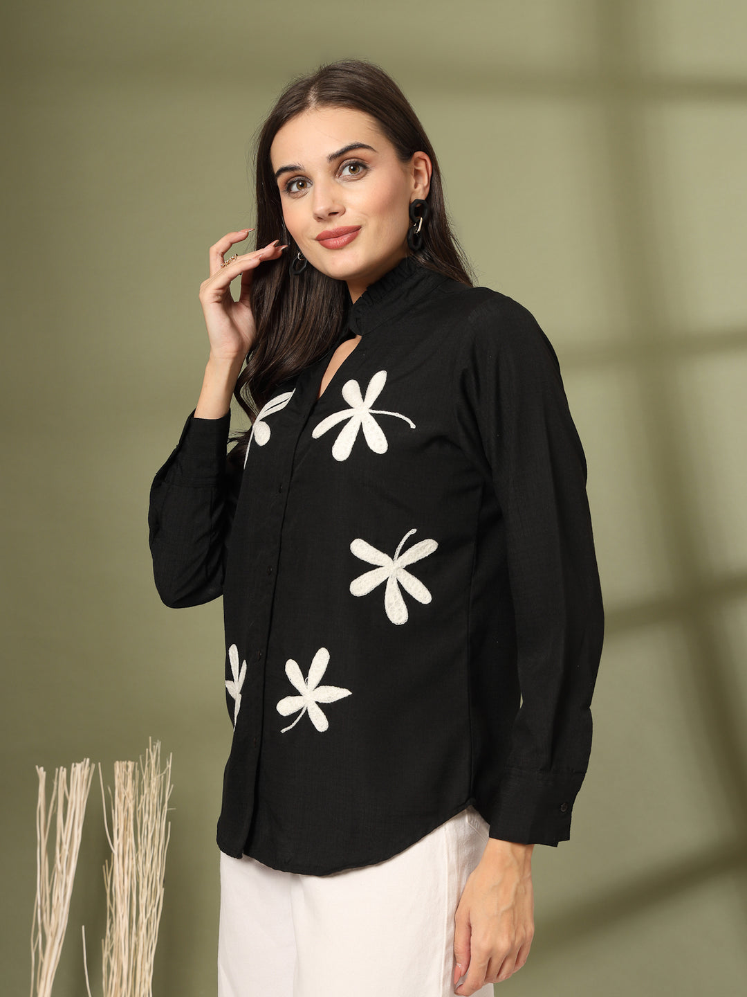 Women Collarless Floral Printed Cotton Formal Shirt