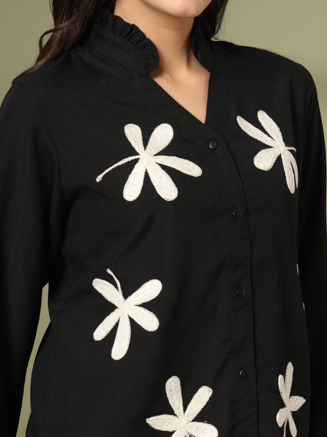 Women Collarless Floral Printed Cotton Formal Shirt