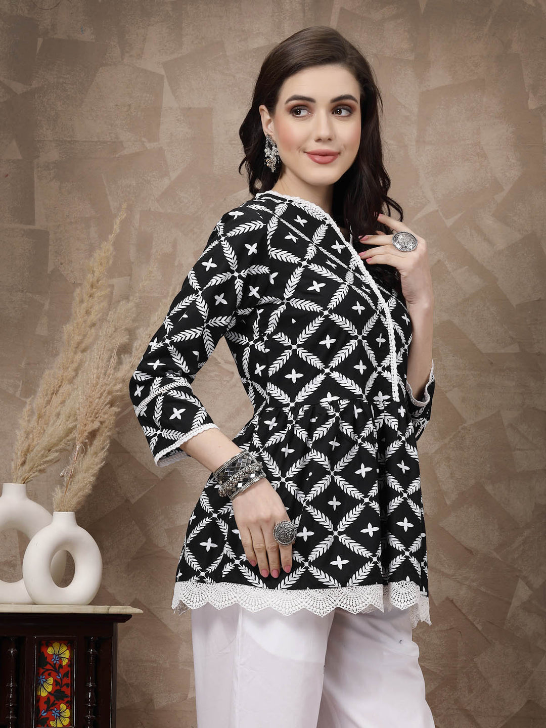 Black Ethnic Motifs Embroidered Thread Work Pure Cotton A-Line Kurti